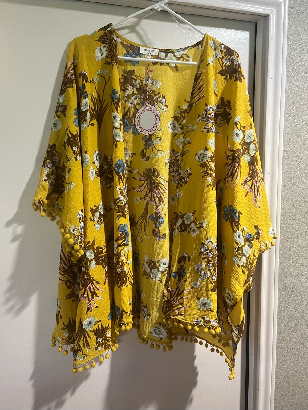 Umgee Yellow Floral Pom-Trim Kimono